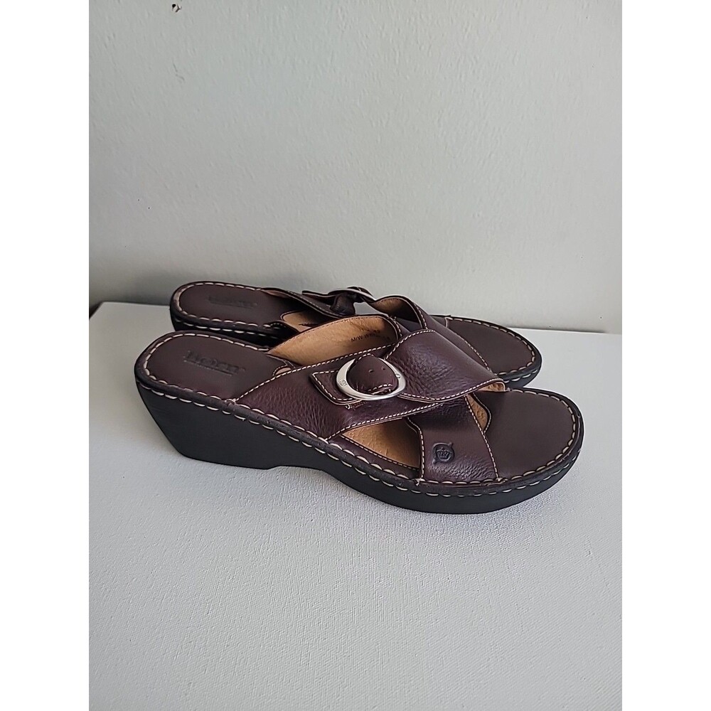 Born Dark Brown Leather Wedge Sandals - Picture 3 of 9